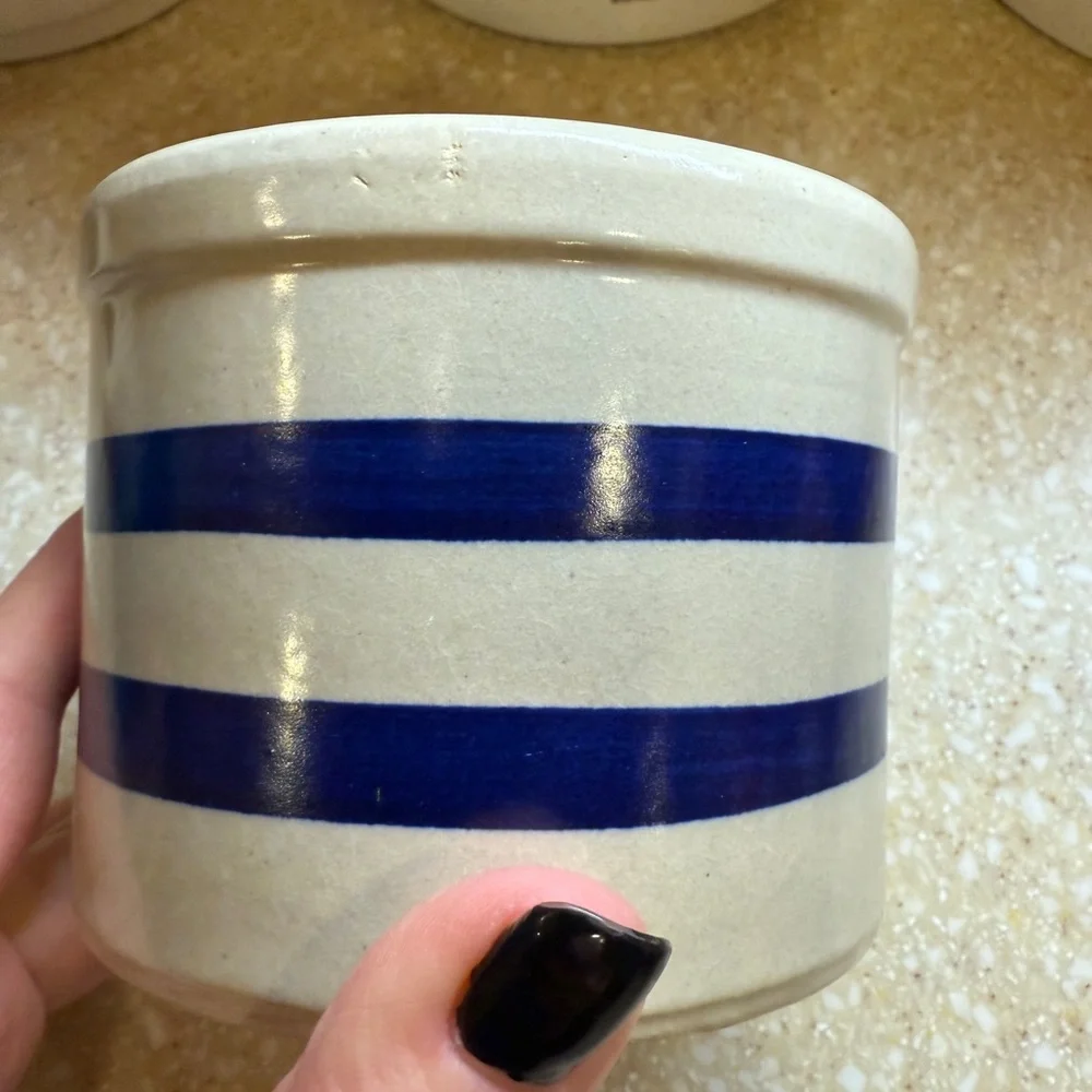 Vintage Crock Roseville Robinson Ransbottom Blue 1 Quart Low Striped Ceramic Pot - Picture 7 of 16